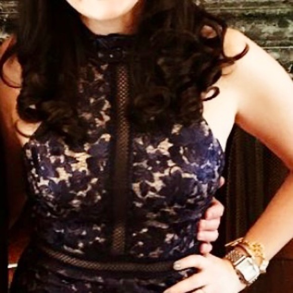 Xscape dark Blue Lace Illusion HighNeck Midi Dress - Picture 2 of 5